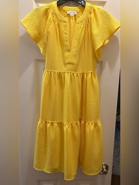 Calvin Klein Yellow Tiered Midi Dress with Flutter Sleeves